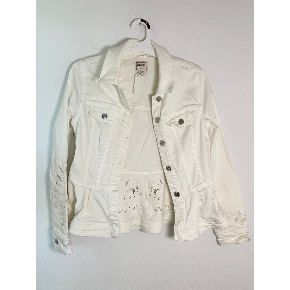 Guess White Denim Peplum Jacket Eyelet Cut Out Embroidered Trucker Womens Medium